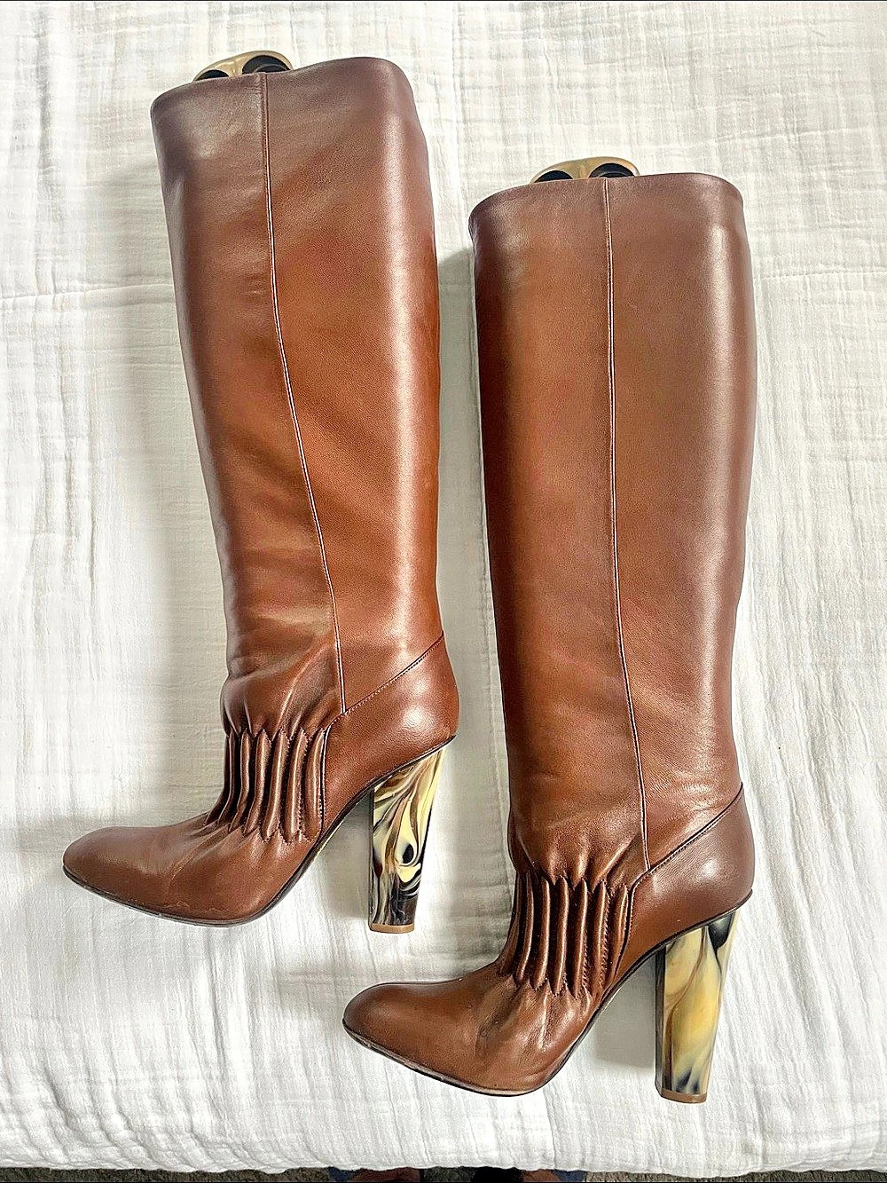 Elie Tahari Marble Retro Heel Pleated Tall Boots Brown